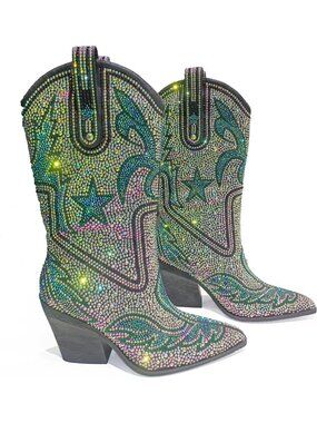 Women Blue Green Multi Color Patterned Rhinestone Western Cowgirl Mid Calf Boots